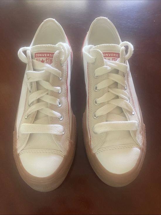 Converse Shoes - Converse women’s  platform Sneakers - White leather with Gum Sole and Red Trim
